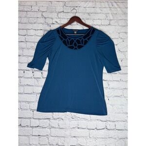 Apostrophe Stretch Teal Blue Lace Neckline 3/4 Sleeve Top Womens L G